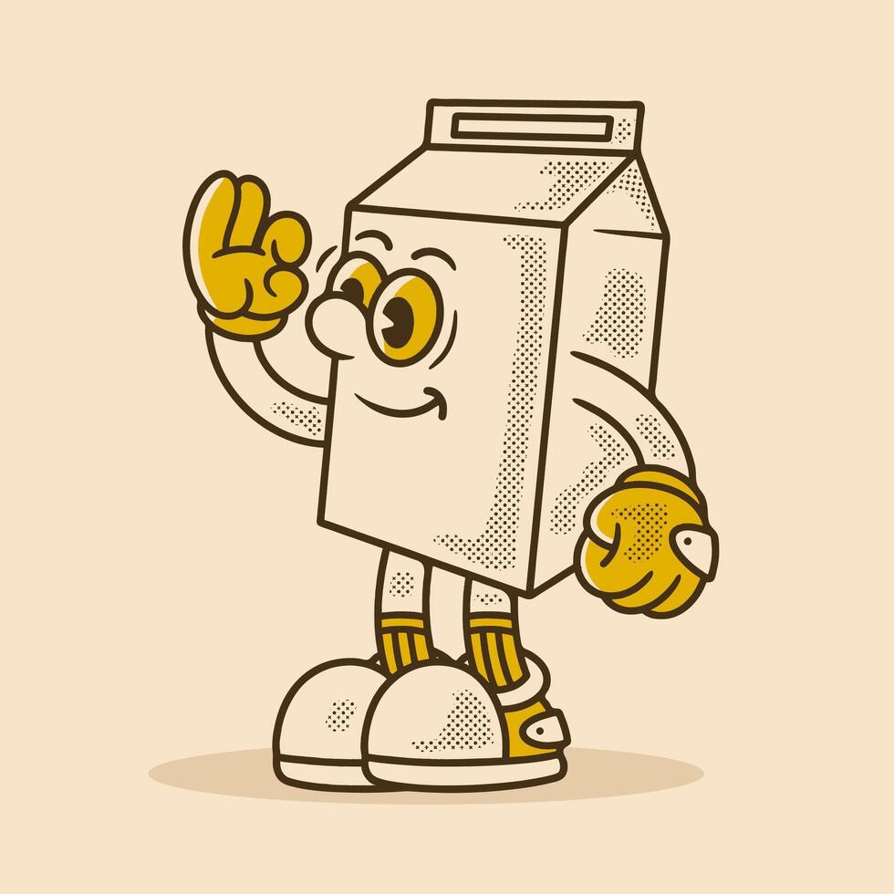 Cheerful Cartoon Milk Carton Mascot Showing OK Gesture, in retro colors vector