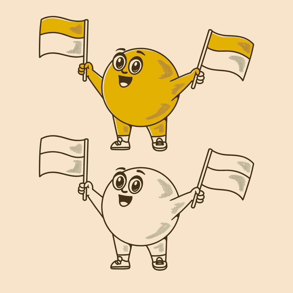Retro ball head character holding a flag vector