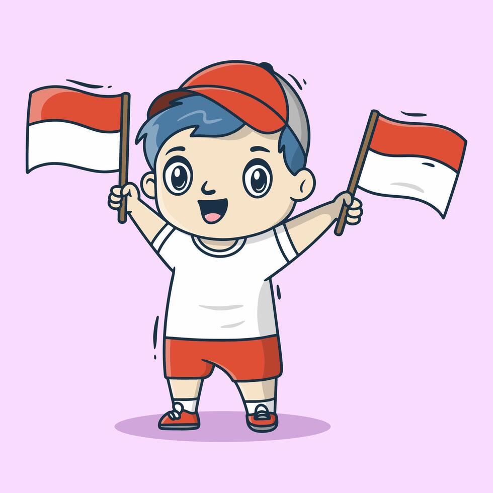 Cute boy character holding two Indonesian flag vector