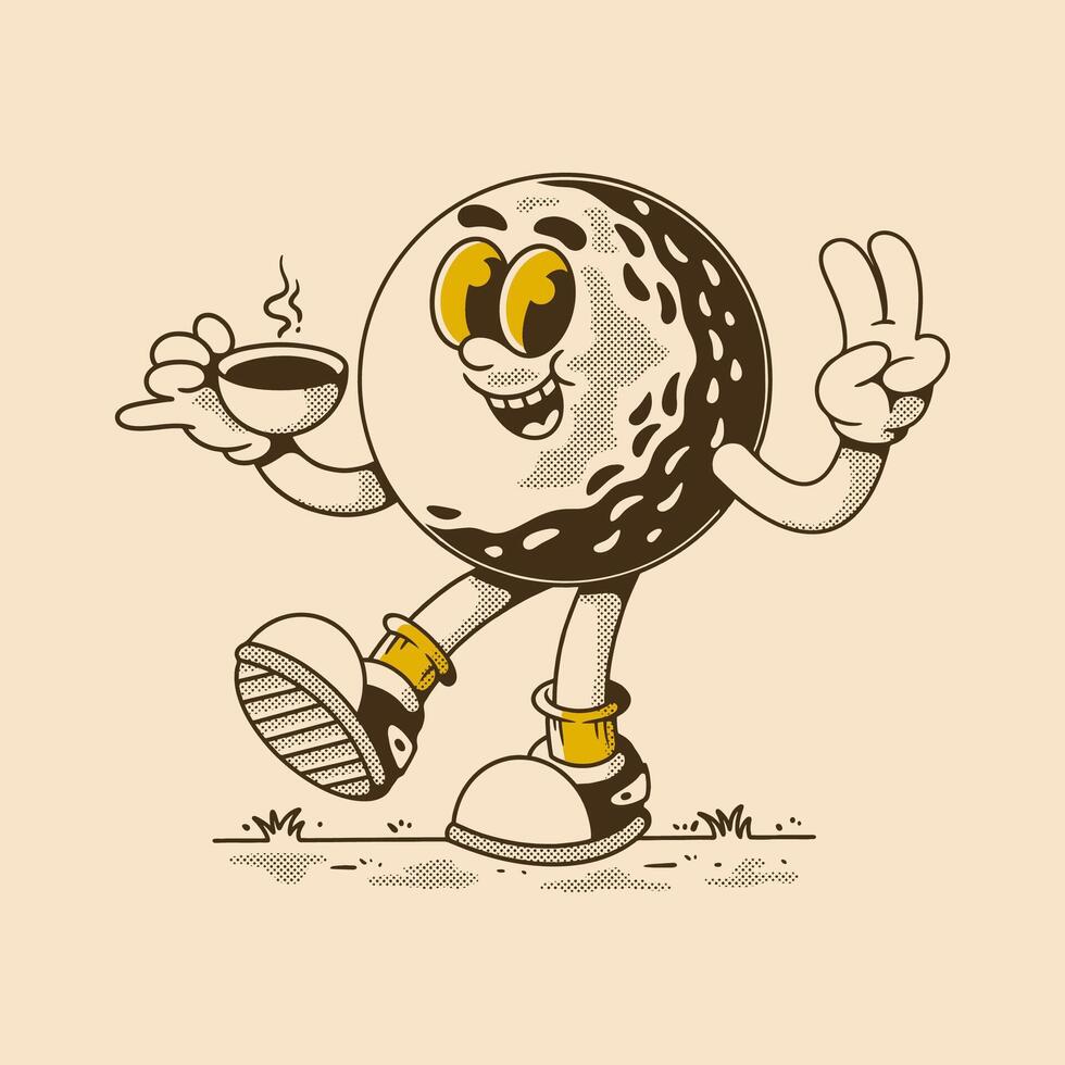 Cute Retro Golf Ball Character with Coffee Cup and Peace Sign vector