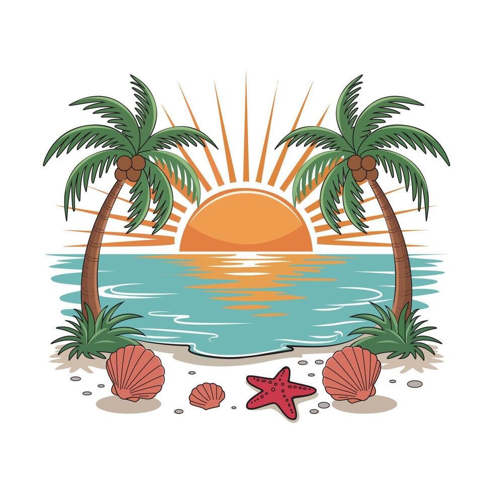 A picture of a tropical island with palm trees and waves vector