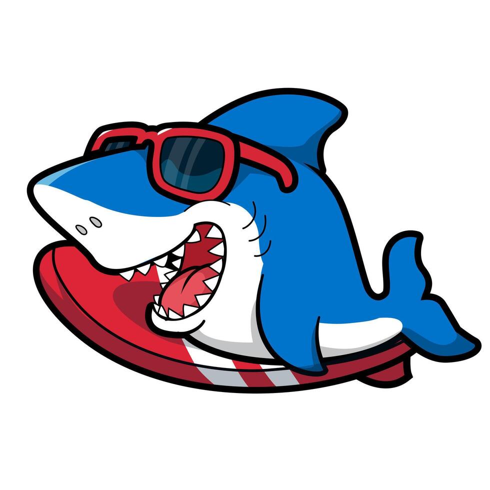 Smiling Shark Mascot Riding Waves vector