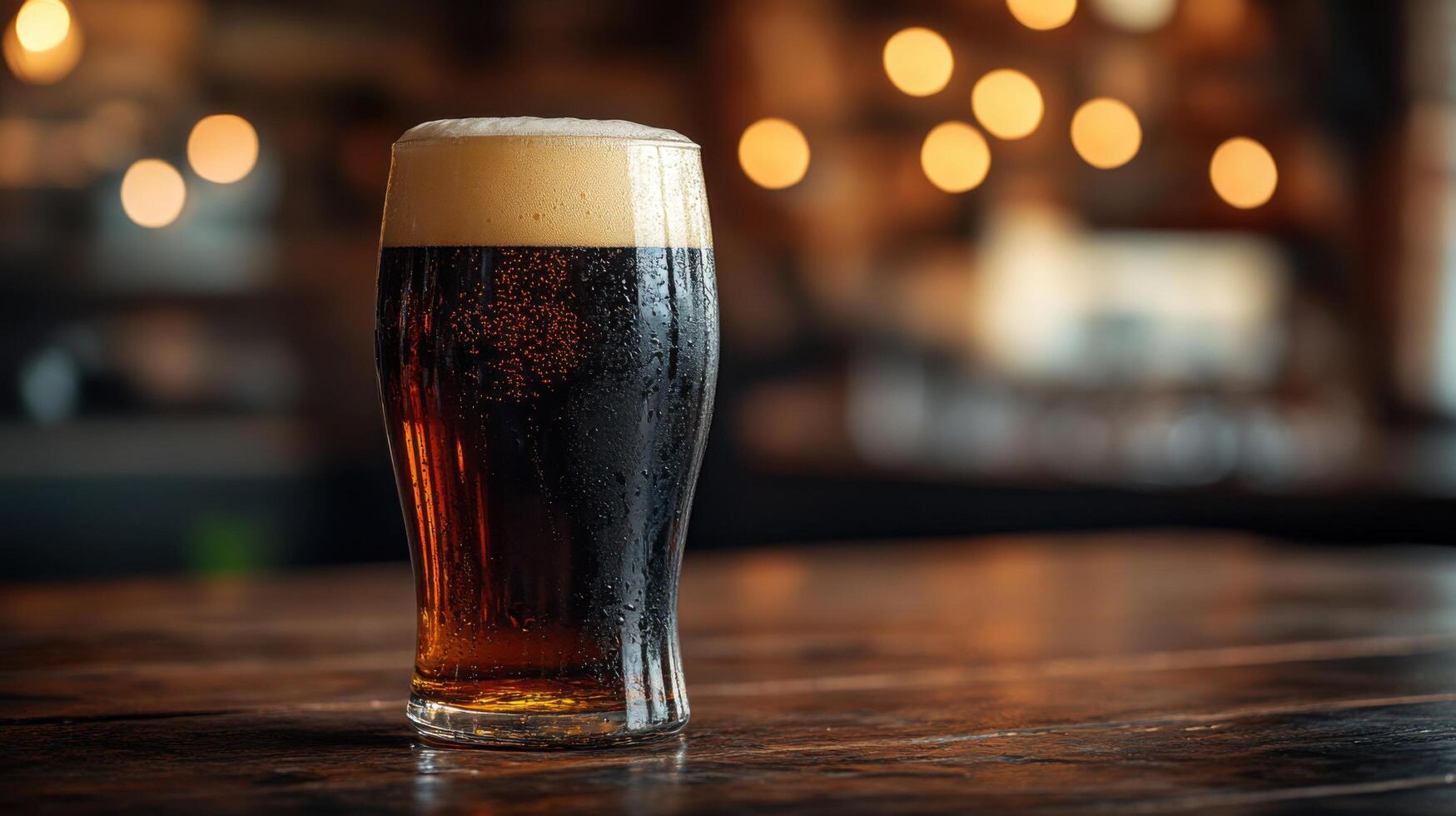 Dark beer in a glass sits on a wooden bar counter under warm ambient lights photo