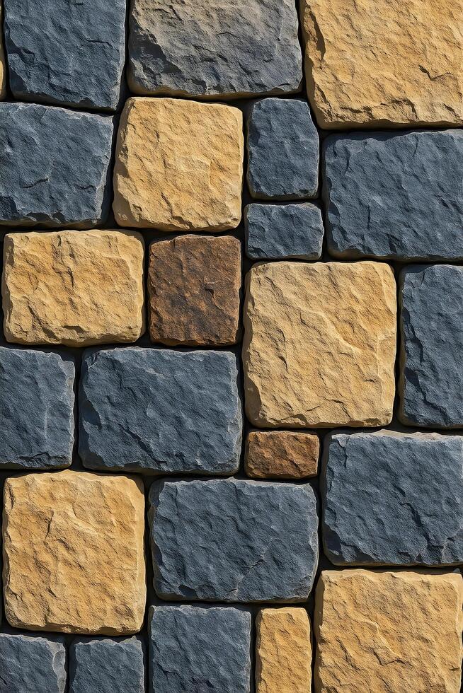Textured Stone Wall Background Rustic Blue and Sandstone Brick Pattern for Architectural Design photo
