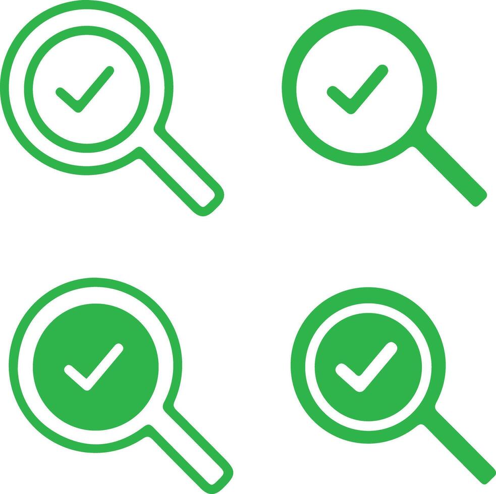 Icon set of magnifier, magnifying glass for verify control check approve. Verified controlled checked approved icons flat illustrations vector