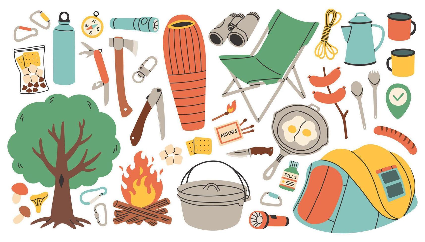 Camping and hiking simple set. Hand drawn elements outfit, tent, campfire, tree, sleeping bag. Perfect for scrapbooking, craft projects, posters, tags, sticker kit. vector