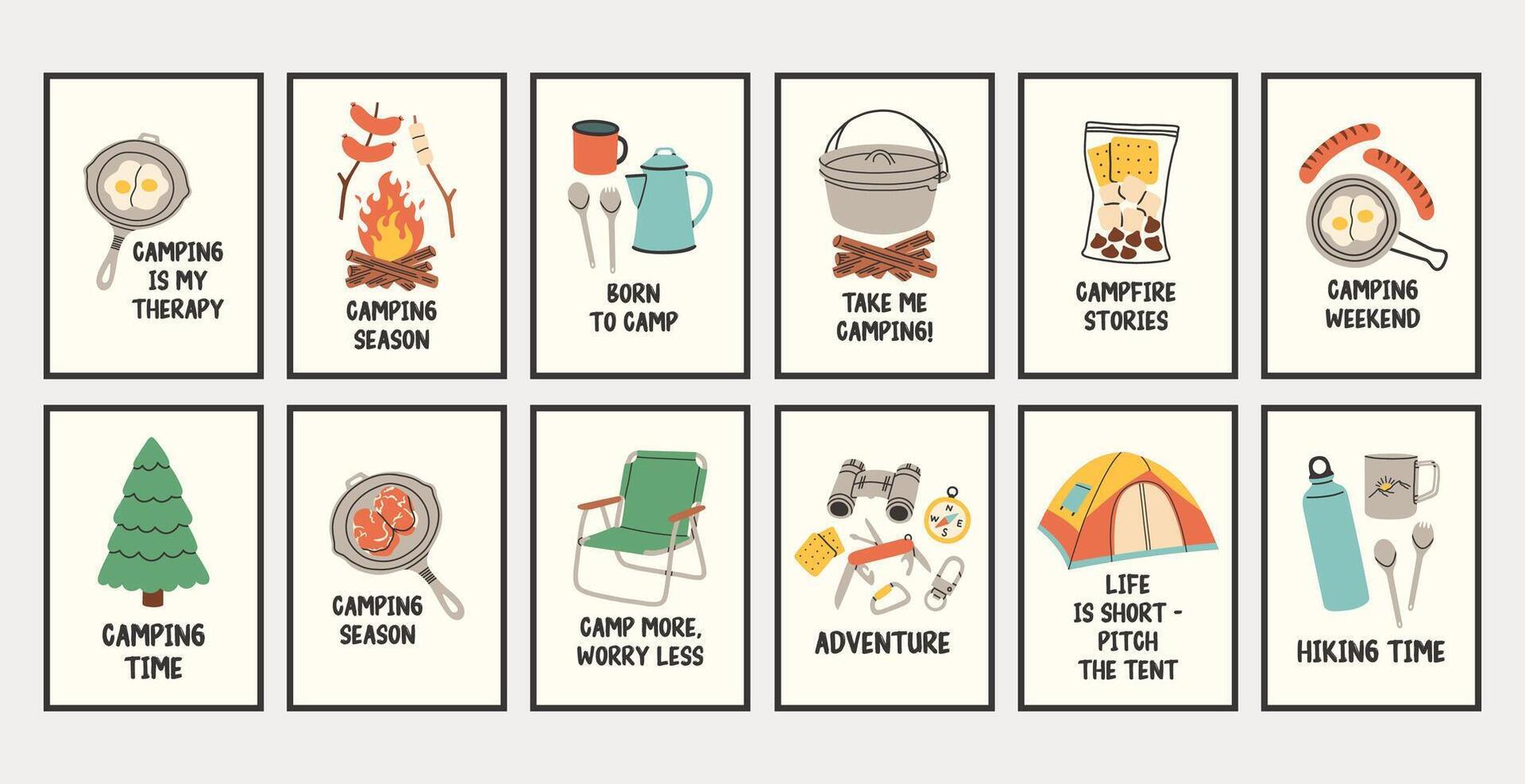 Vertical camping poster big set. Summer outdoor activity brochure with hiking and camping logo, nature recreation concept. Flyer banner for forest adventure, summer travel camp illustration. vector