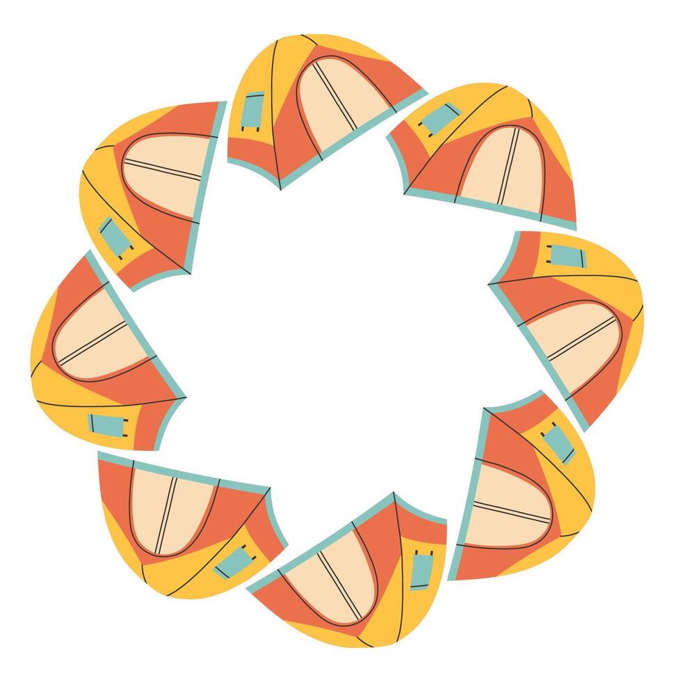 Camping tent circle frame. Simple yellow red blue tent border. Camping shelter in nature on summer holiday. Outdoor adventure flat illustration isolated on white background vector