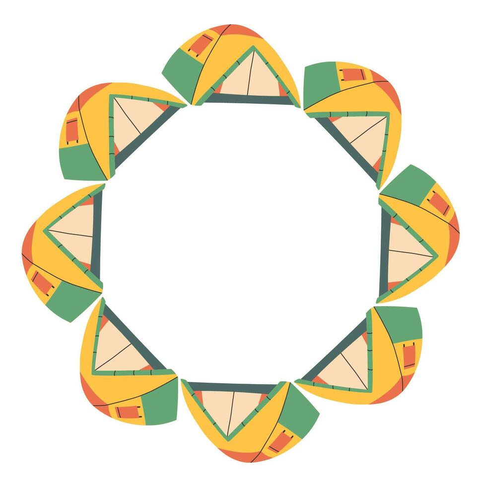 Camping tent circle frame. Simple beige green yellow red tent border. Camping shelter in nature on summer holiday. Outdoor adventure flat illustration isolated on white background vector