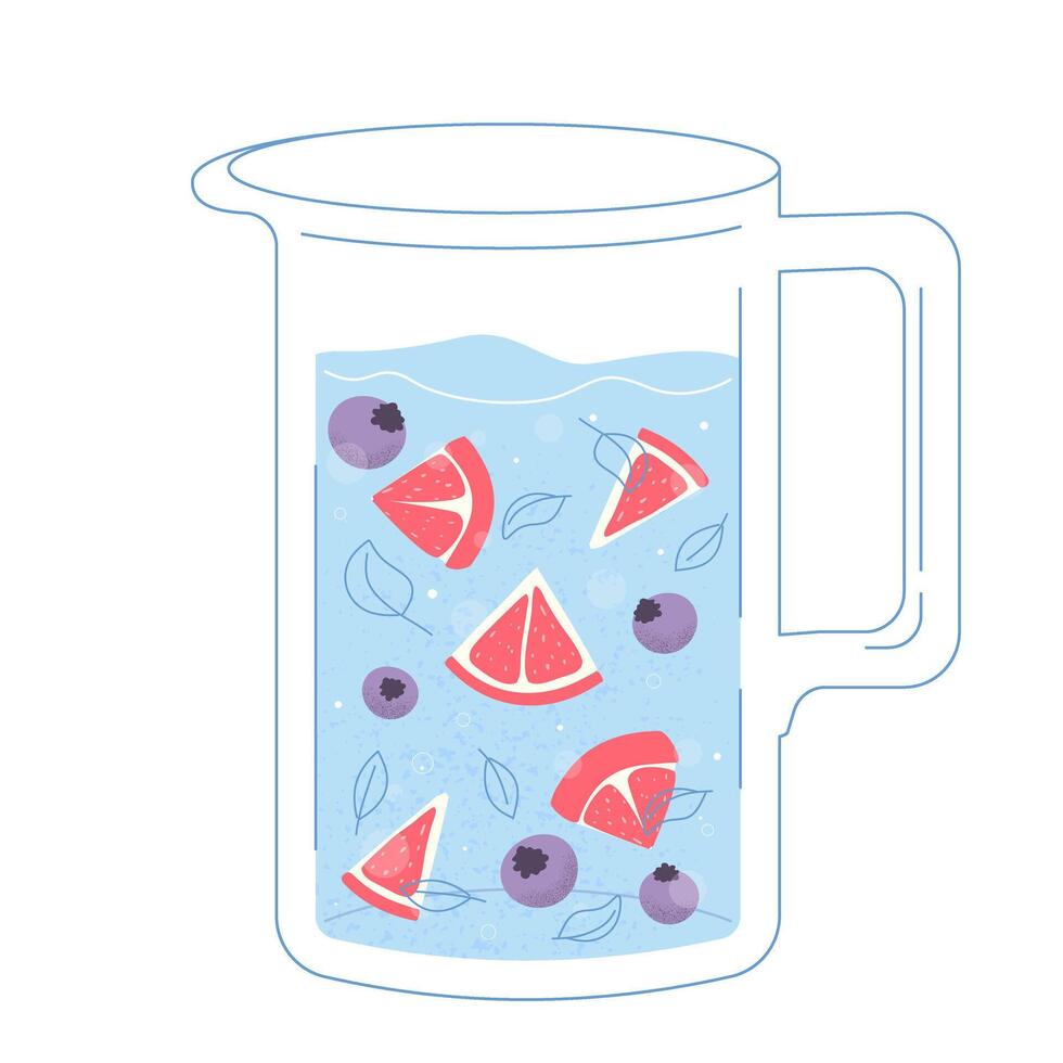 Glass water carafe blueberry grapefruit and mint in a flat outline style with texture. refreshing beverage vector