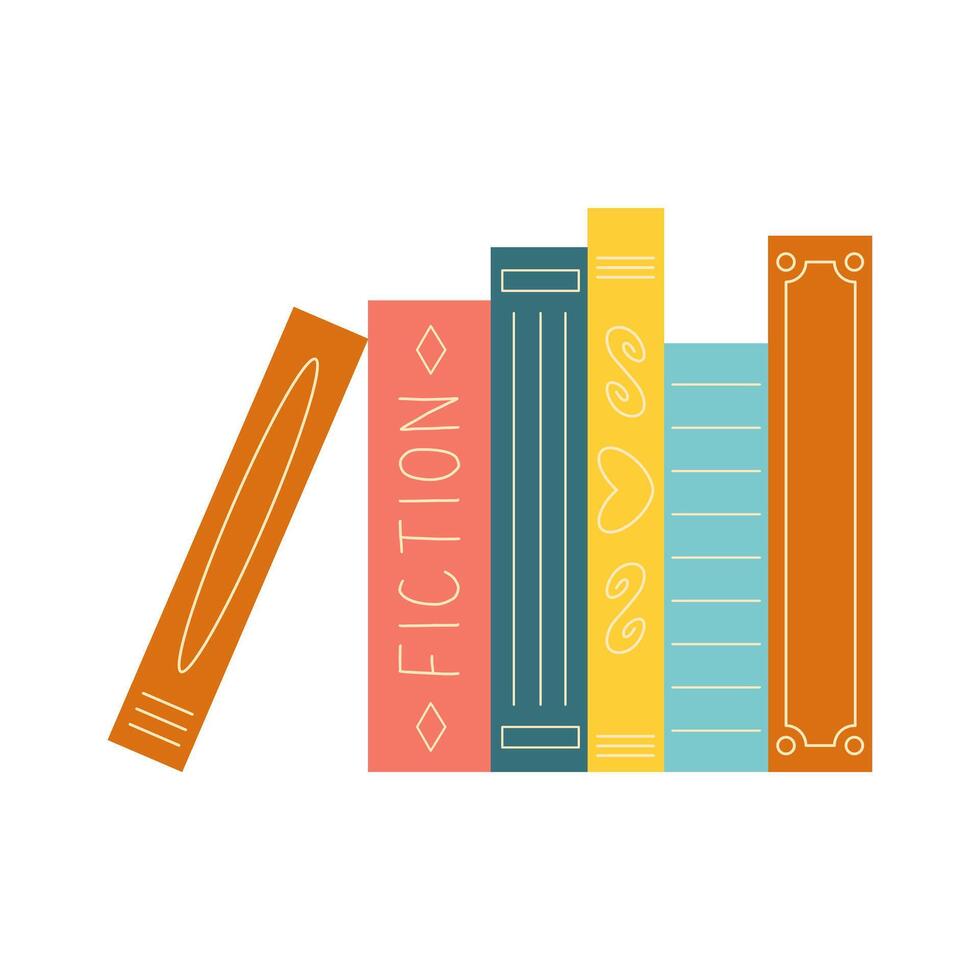 Cute stack of books standing, flat view of spines in front. illustration in minimalistic style on white background. vector