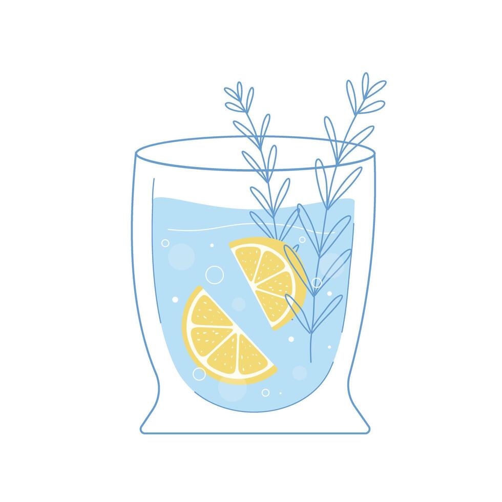 Water glass with lemon and mint flat outline style with texture. refreshing drink vector