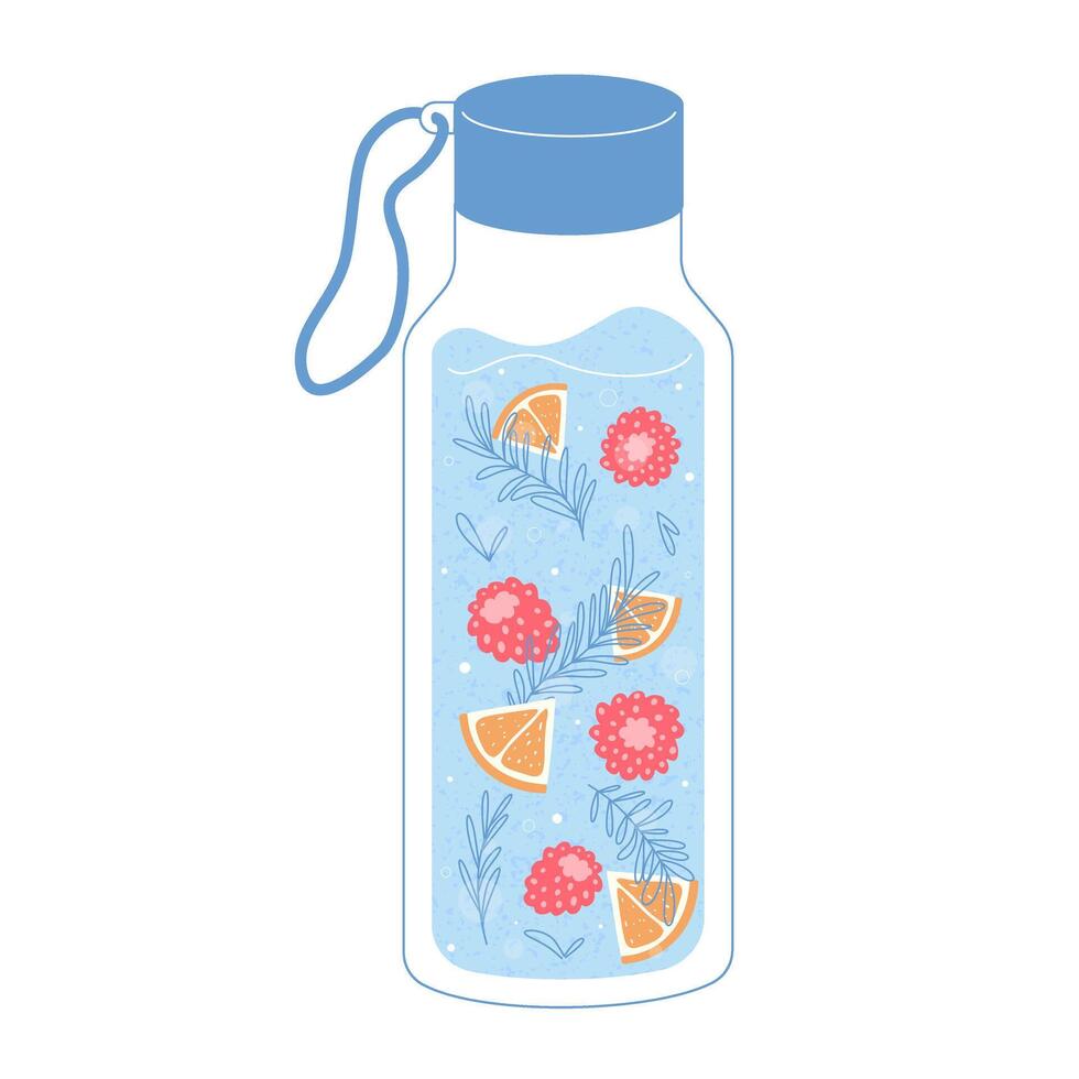 Reusable bottle with handle with raspberry orange and herbs in a flat outline style with texture vector