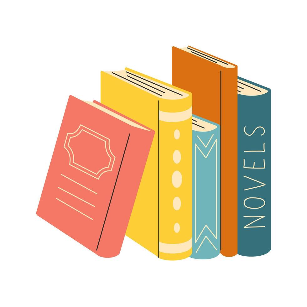 Cute stack of books standing, isometric side view. illustration in minimalistic style on white background. vector