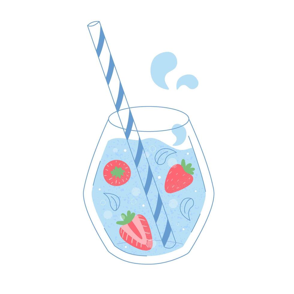 Water glass with strawberry and mint flat outline style with texture. refreshing drink vector