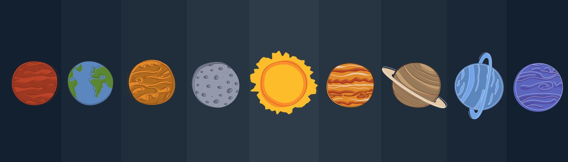 Solar system planets in a horizontal layout. flat doodle concept for astronomy visuals, posters, and school materials. vector