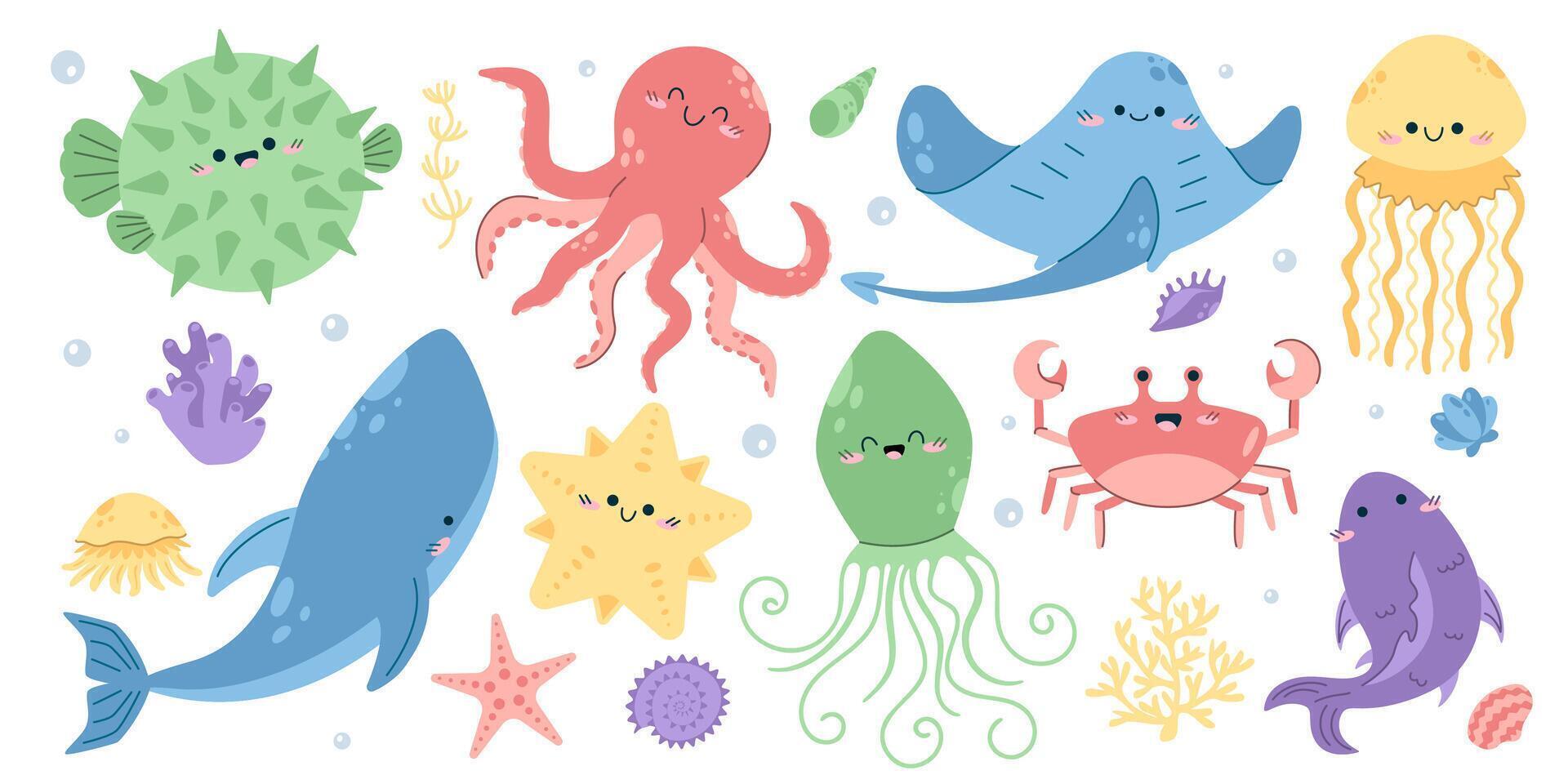 marine animals set hand drawn sea life. whale squid octopus stingray jellyfish crab fish eel fish starfish shells seaweed cute ocean doodle isolated white background vector