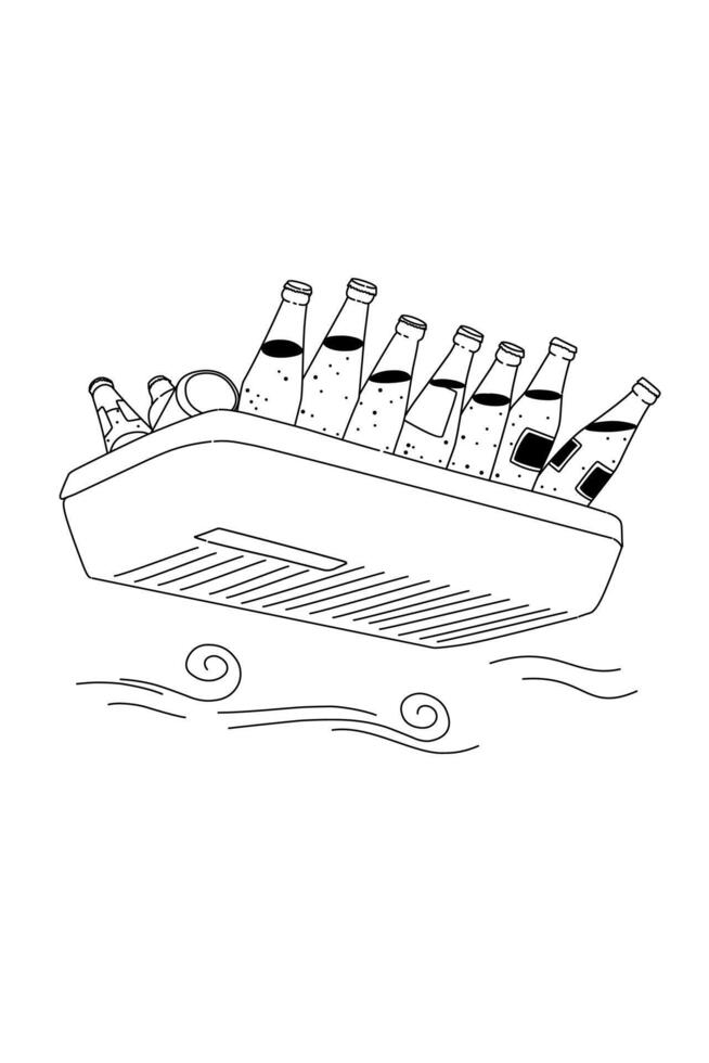 Line art cola flying bottles on tray illustration. Bottle drawing vector