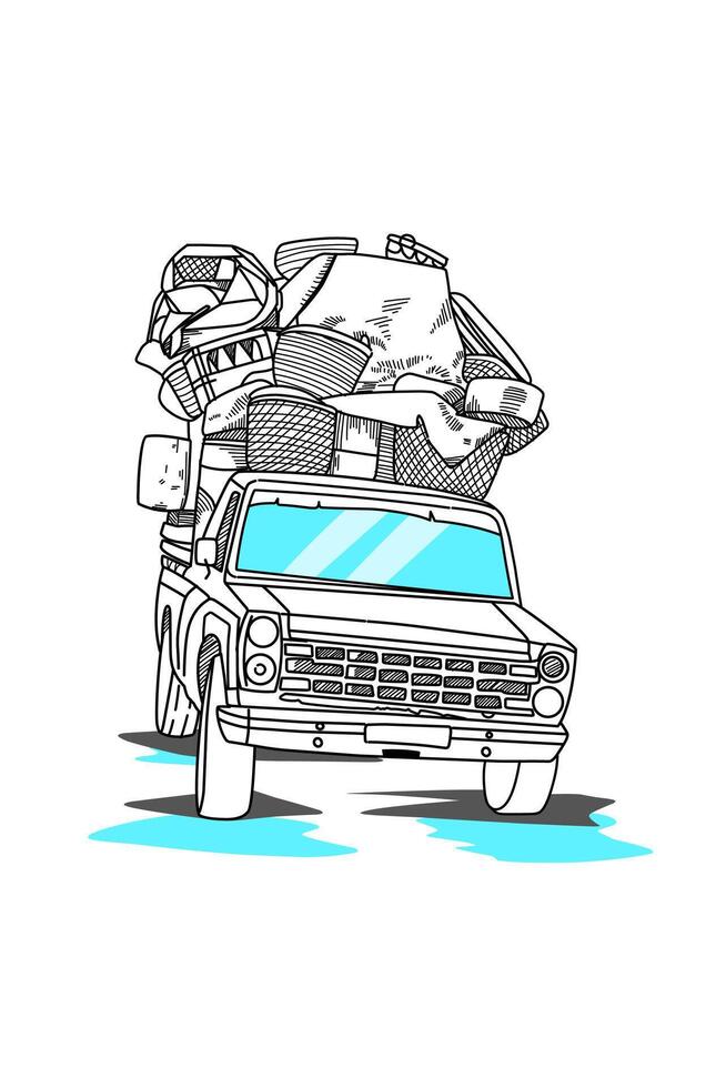 Art line drawing loaded pick up, truck car ilustrastion vector
