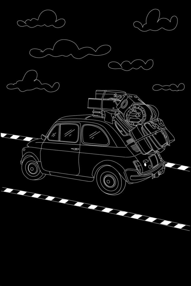 Art white line drawing loaded mini car and sky ilustrastion on black background vector
