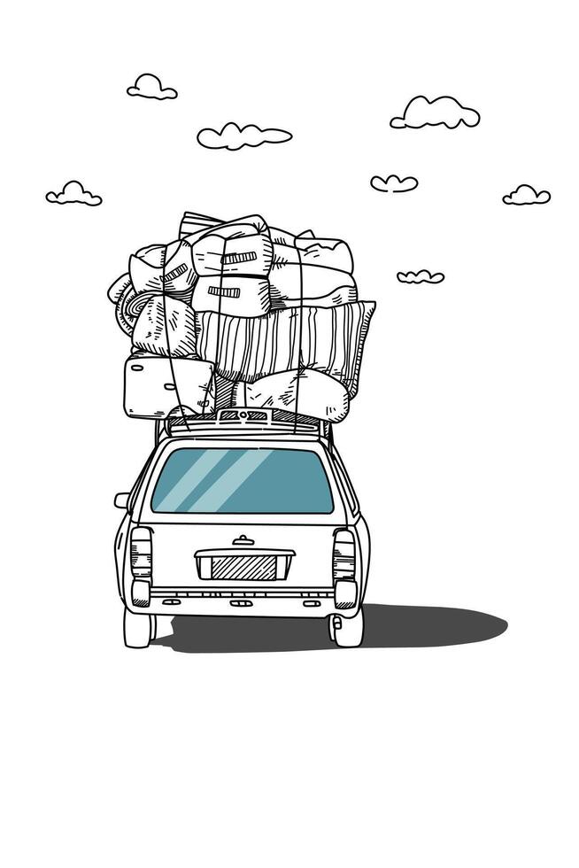 Art line drawing loaded mini Van car ilustrastion vector