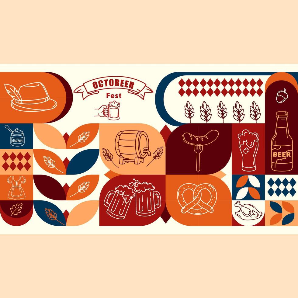 Oktober fest, Beer fest flat geometric banner illustration with traditional German symbols including beer mugs, sausages, pretzels, barrels, festival poster, flyer,invitations, merchandising . vector