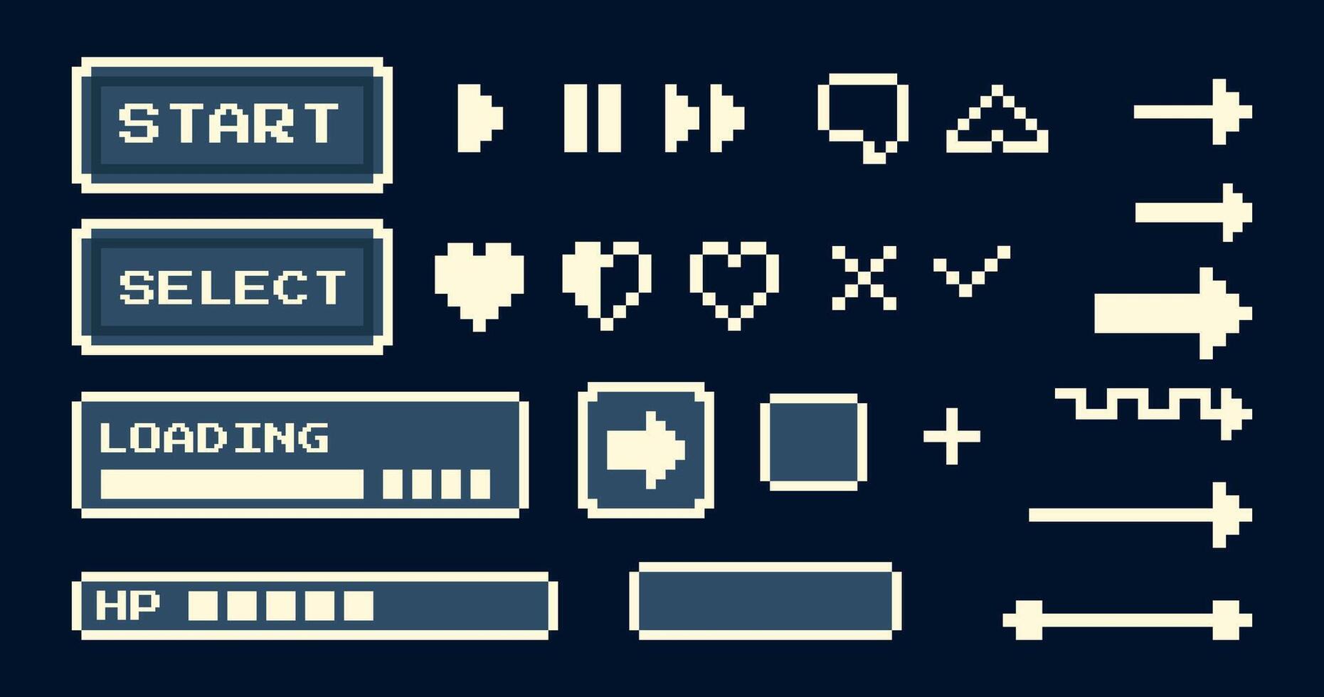 Game UI elements Set retro pixel with start buttons, arrows, loading bars, health points, hearts, controls, game design, pixel art interfaces, mobile game, nostalgic projects. illustration vector