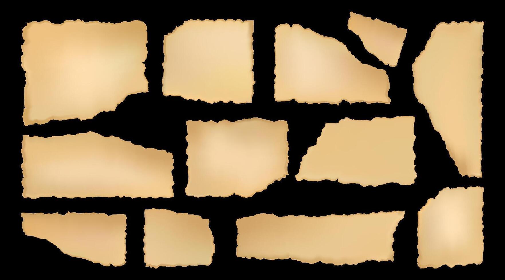 Old torn vintage paper pieces set of different shapes, with rough edges on black background, perfect for scrapbooking, collage design, web graphics, posters, digital art projects. illustration vector