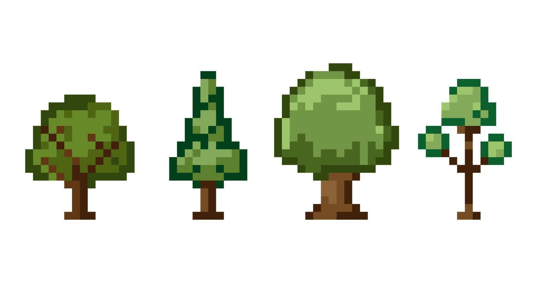 Set of pixel art trees in retro 8 bit style featuring green tree types with blocky design, perfect for games, mobile apps, fashion print, design element, UI, animation, digital projects. vector