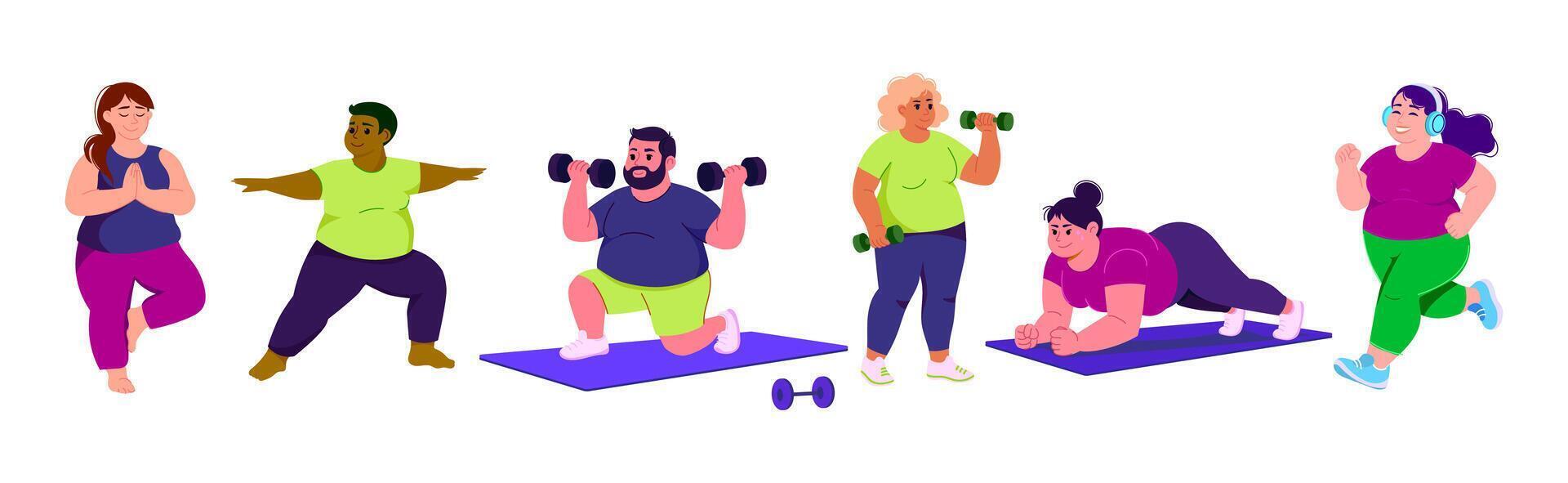 Diverse Plus Size People Exercising with Weights and Yoga Mats. illustration. Plus size people performing various workouts such as yoga, stretching, cardio.Health body positivity, inclusive gym vector