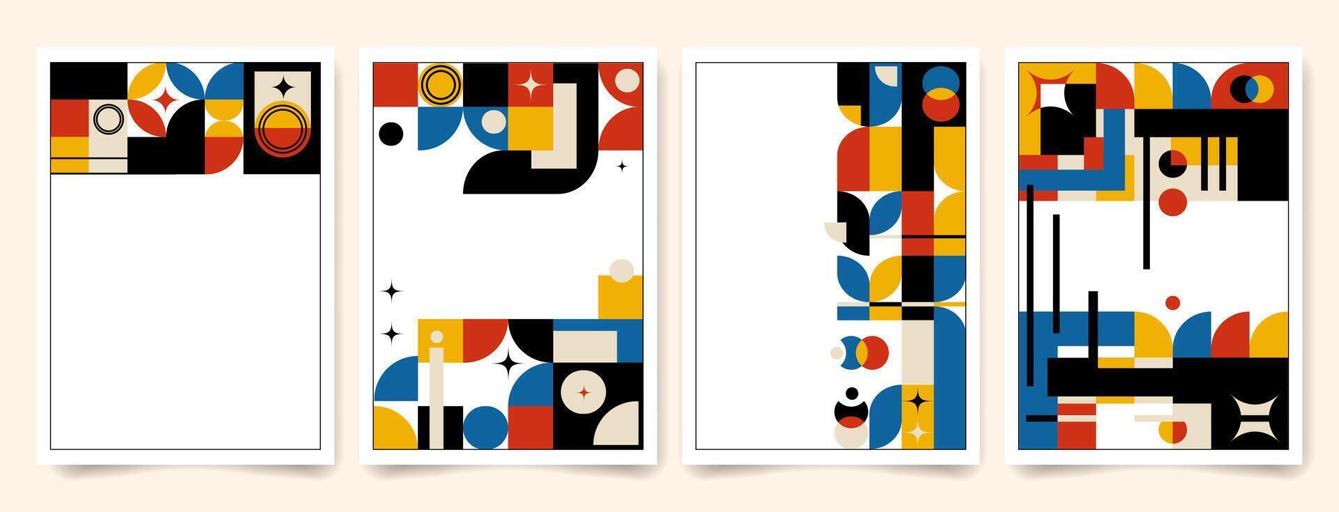 Collection of abstract geometric posters in Bauhaus inspired design using bold primary colors and modern shapes, ideal for creative branding, flyer templates, web design, art prints, packaging. vector