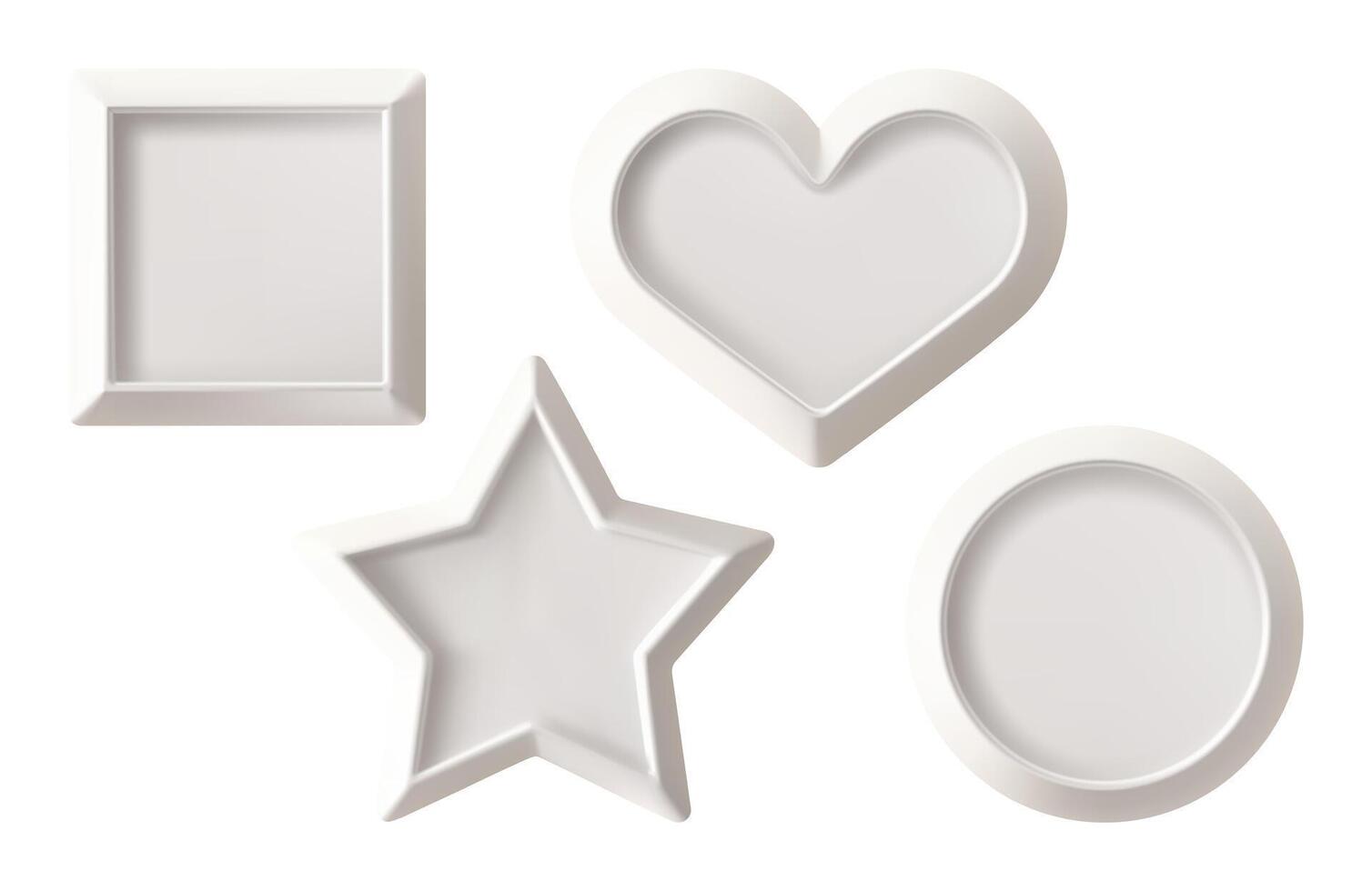 Photo frame set. White picture on beige wall, mock up. 3d isolated wooden modern poster layout template. Round rectangular, square star, heart ovals shapes of realistic shadow gallery decor vector