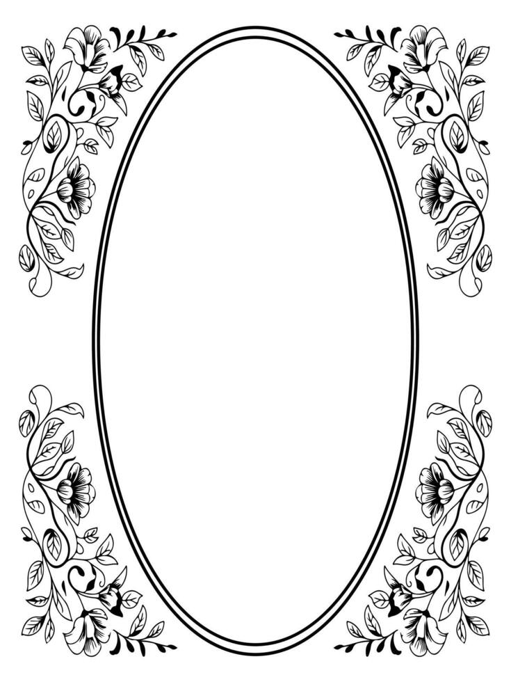Elegant floral oval border frame with intricate hand-drawn flower and leaf design in black and white vector