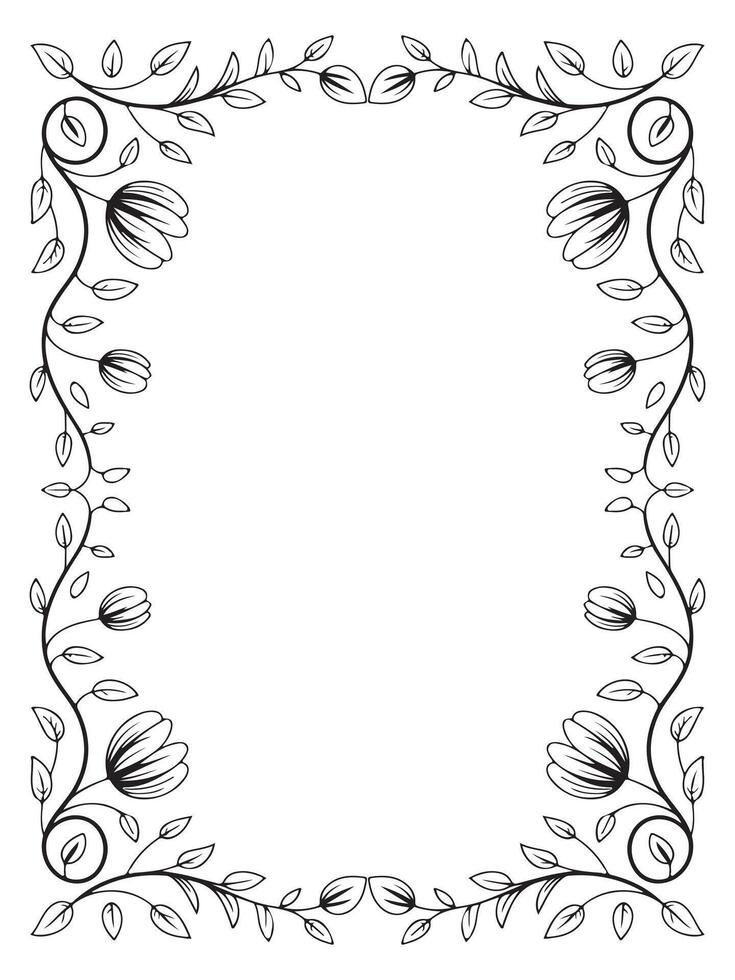 Decorative rectangular floral border frame with hand-drawn flowers and leaves in black and white vector