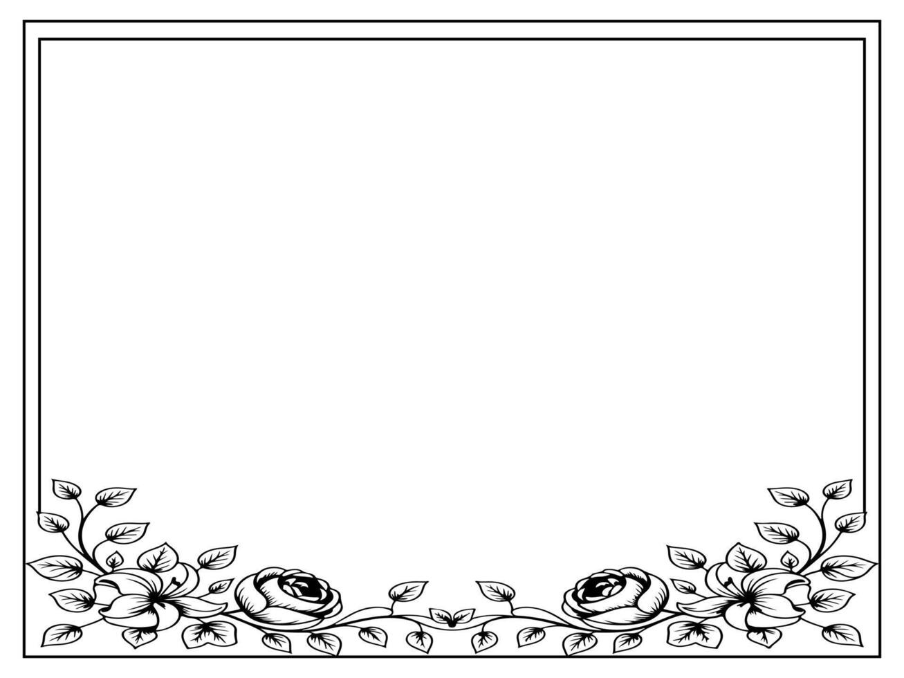 Elegant hand-drawn rose flower border with leaves in black and white for decorative frame or invitation card design vector