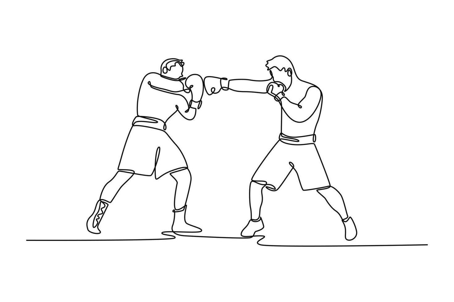 Single continuous line drawing boxer use various punch combinations, including the jab, hook, uppercut. Boxing champions win the round in boxing ring. One line draw graphic design illustration vector
