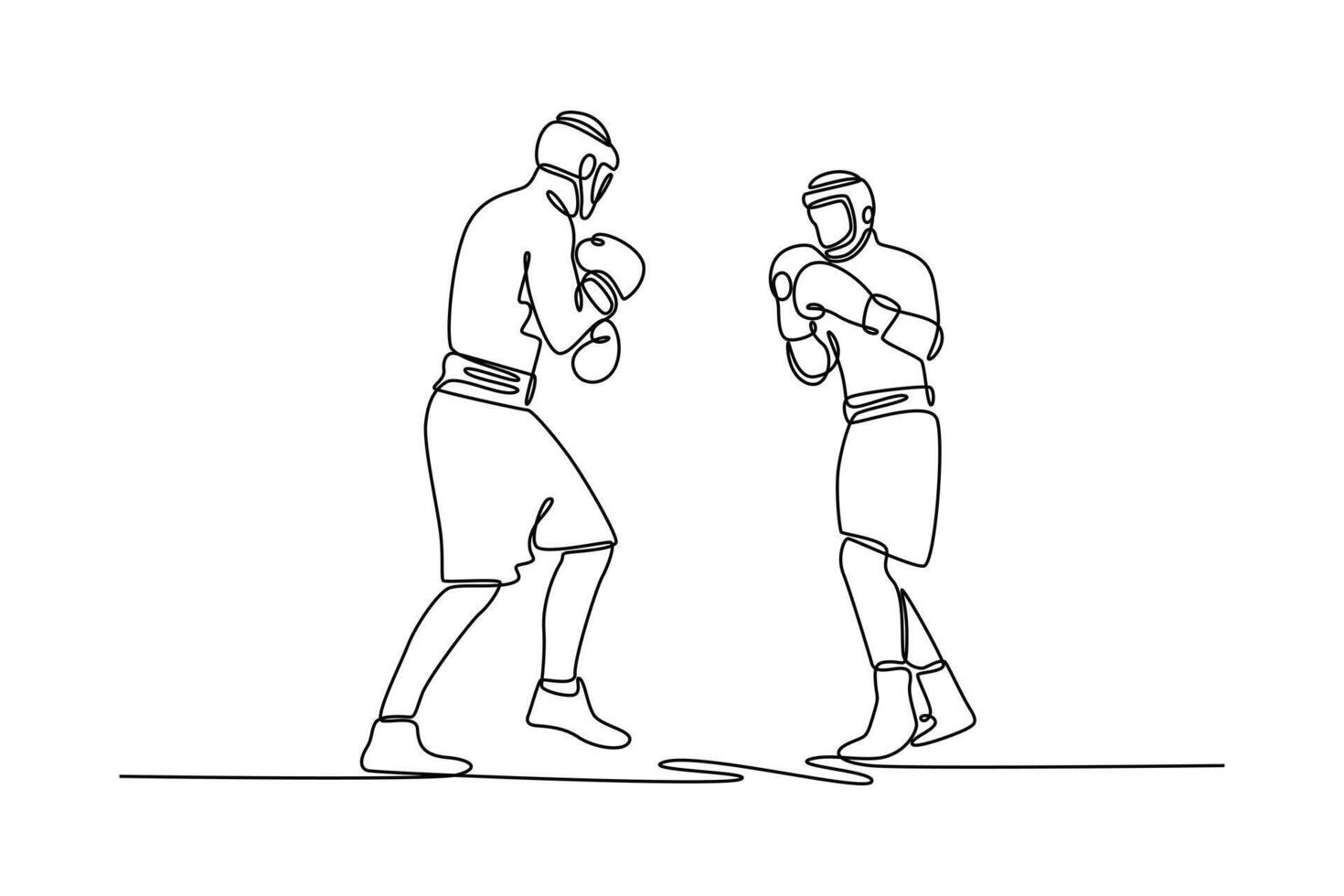 Continuous one line drawing two male athlete fighters muscular shirtless enjoy boxing exercise in the ring. Professional boxer having competition. Single line draw design graphic illustration vector