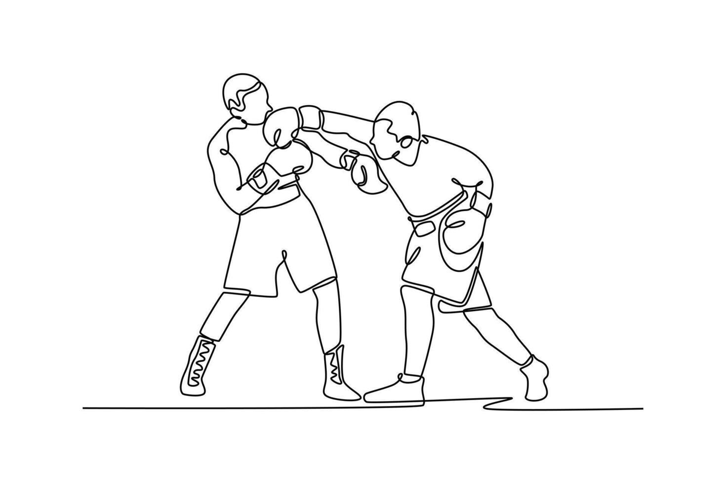 Continuous one line drawing aggressive athlete striking at his opponent with hook punch during boxing fight. Two boxers having match in boxing ring. Single line draw design graphic illustration vector