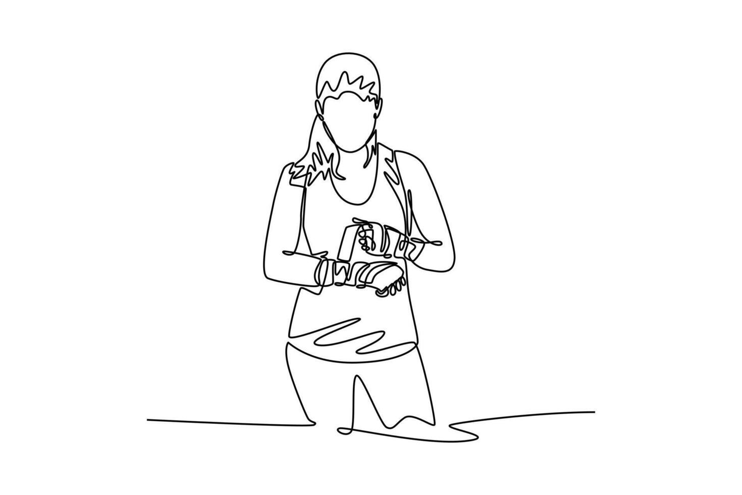 Single continuous line drawing beauty female boxer ready to exercise with her hands covered in boxing wraps. Active lifestyle, body, strength. Dynamic one line draw graphic design illustration vector