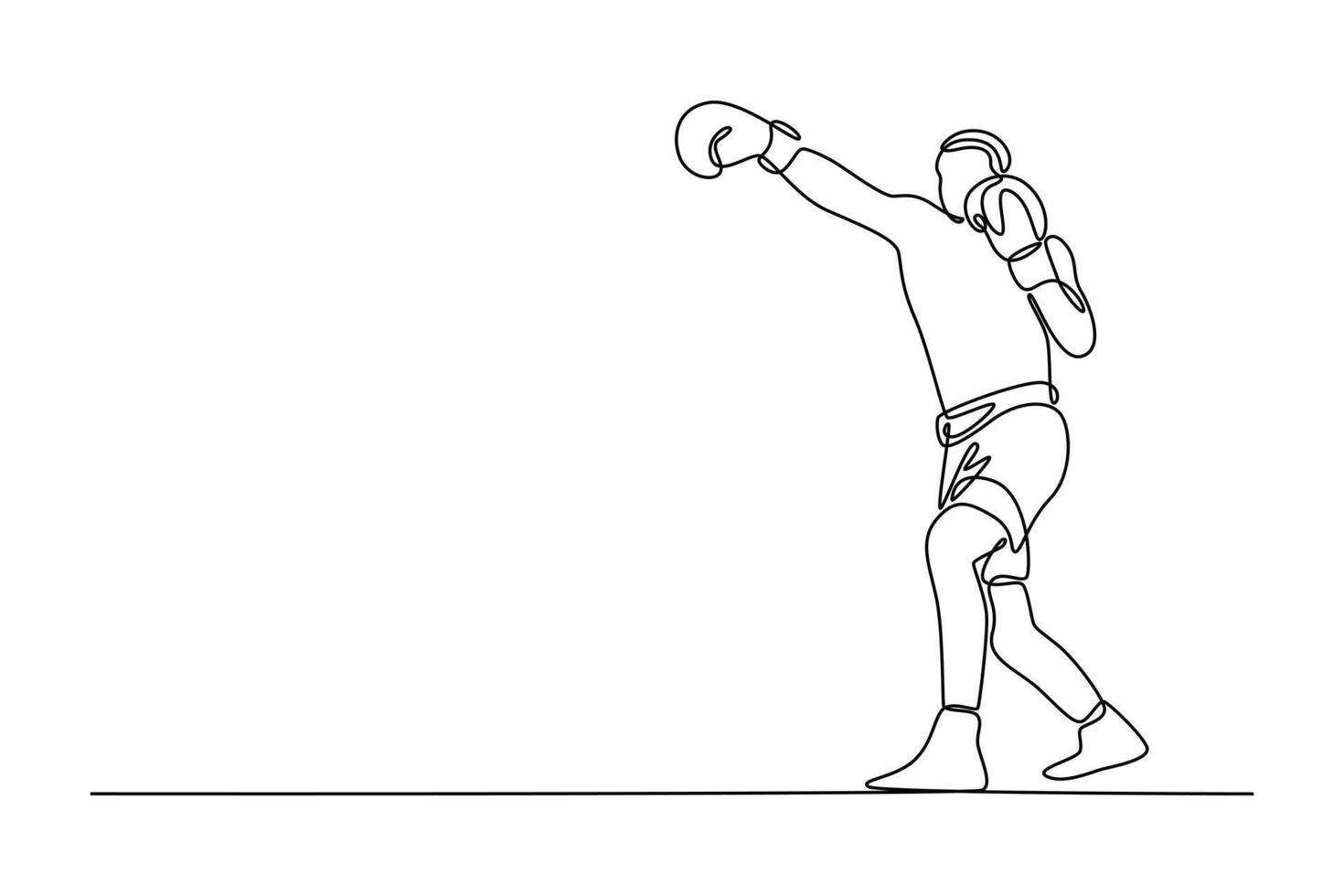 Single one line drawing muscular shirtless man boxer practicing jab punch before match, training with intensity. Professional sport, active lifestyle. Continuous line draw design illustration vector