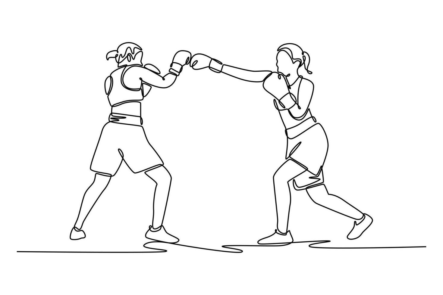 Single continuous line drawing female boxer use various punch combinations including jab and uppercut. Boxing champions win the round in boxing ring. One line draw graphic design illustration vector