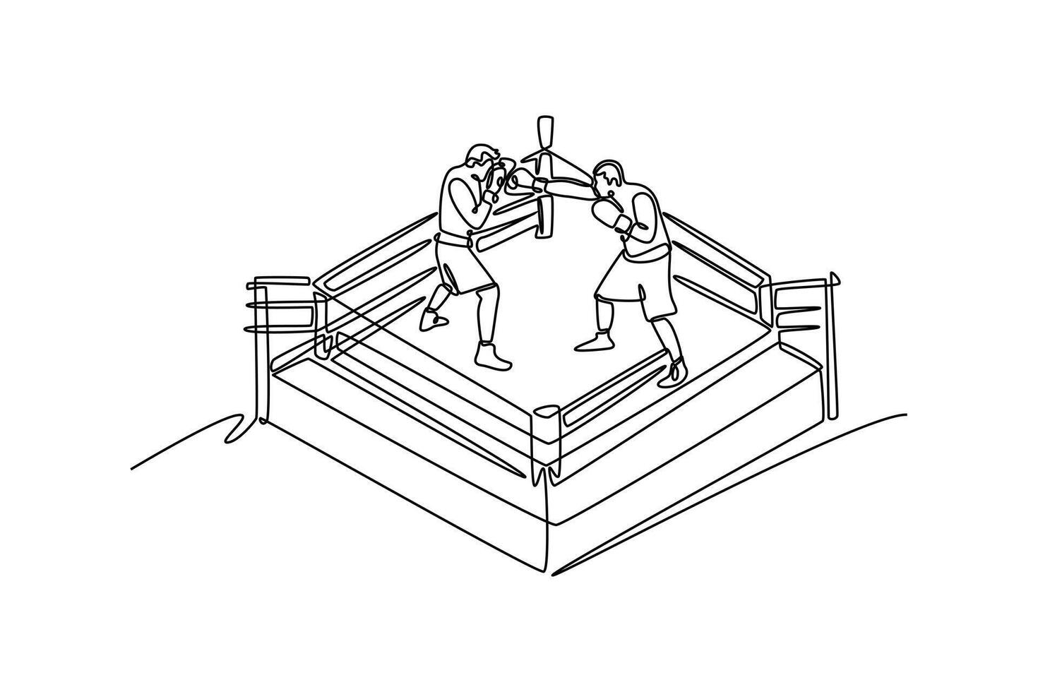 Single continuous line drawing top view two muscular male boxing athletes fighting on ring. Professional sport, competition, motivation, strength. Dynamic one line graphic design illustration vector