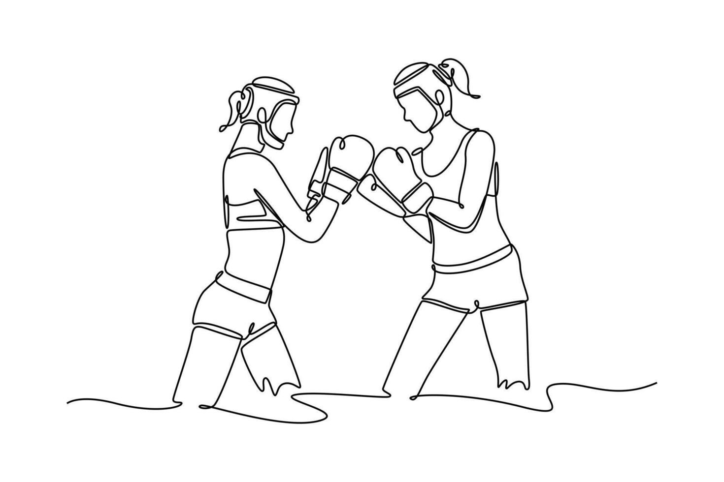 Single continuous line drawing two female athlete fighters wearing protective head guard enjoy boxing exercise in ring. Woman boxer having competition. One line draw graphic design illustration vector