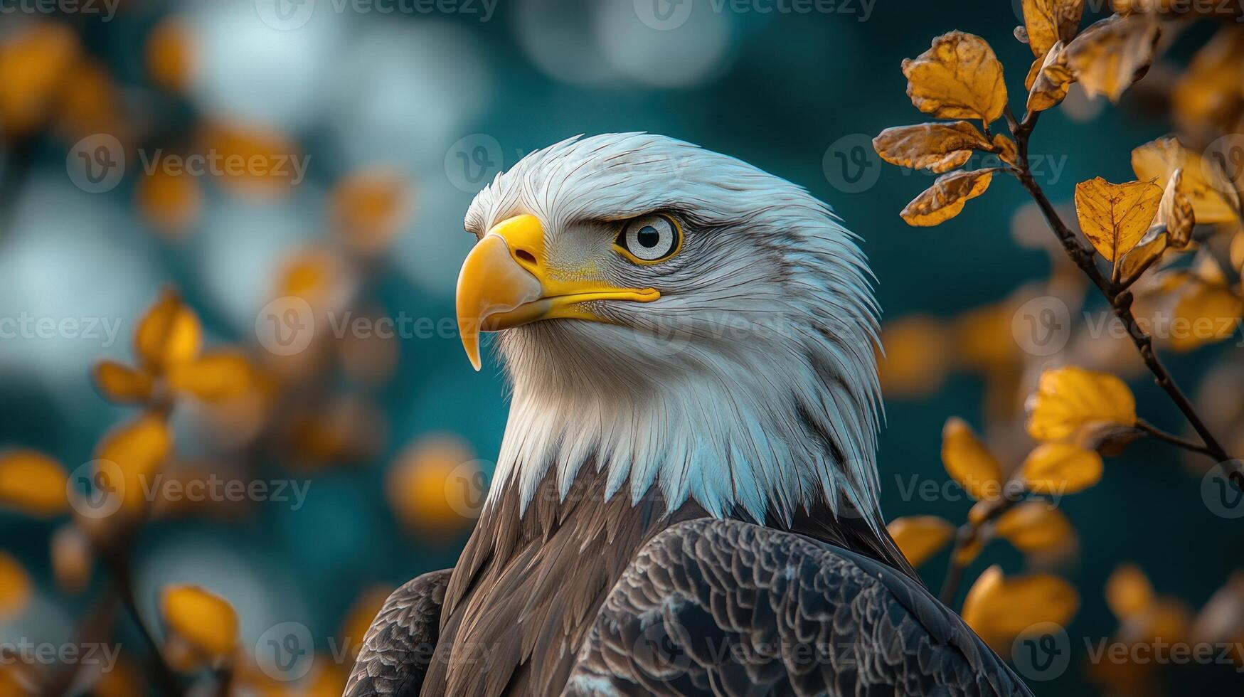 An eagle is sitting in the middle of a tree photo
