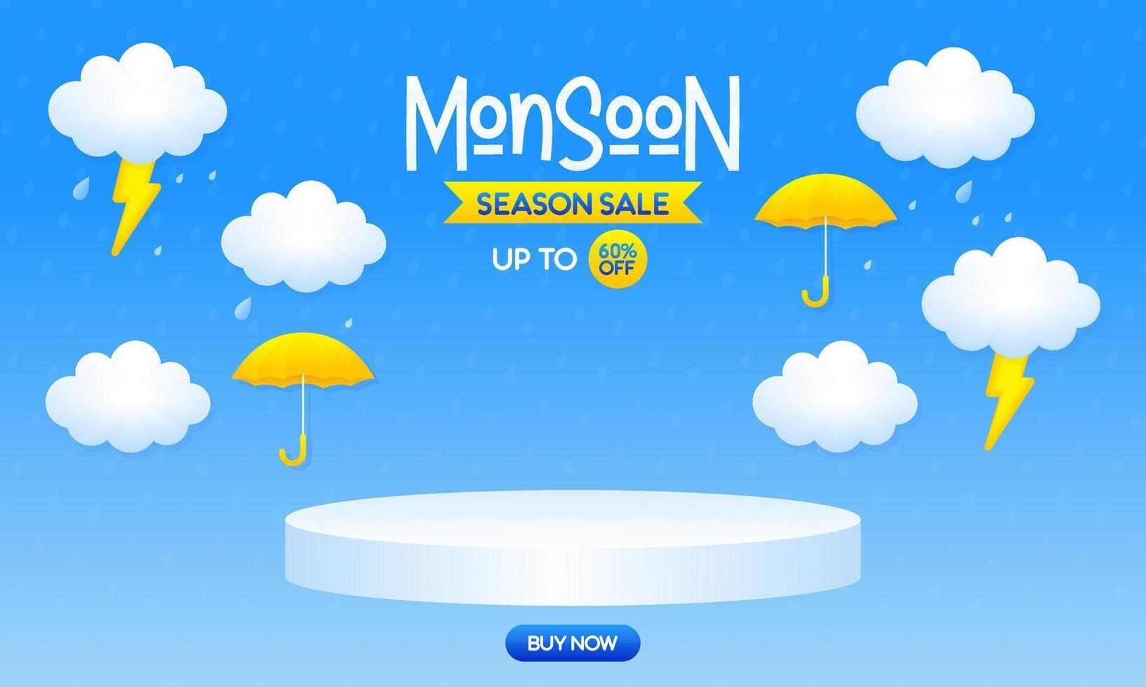 Monsoon Season Sale Banner with 3D Podium and Rainy Weather Elements. vector