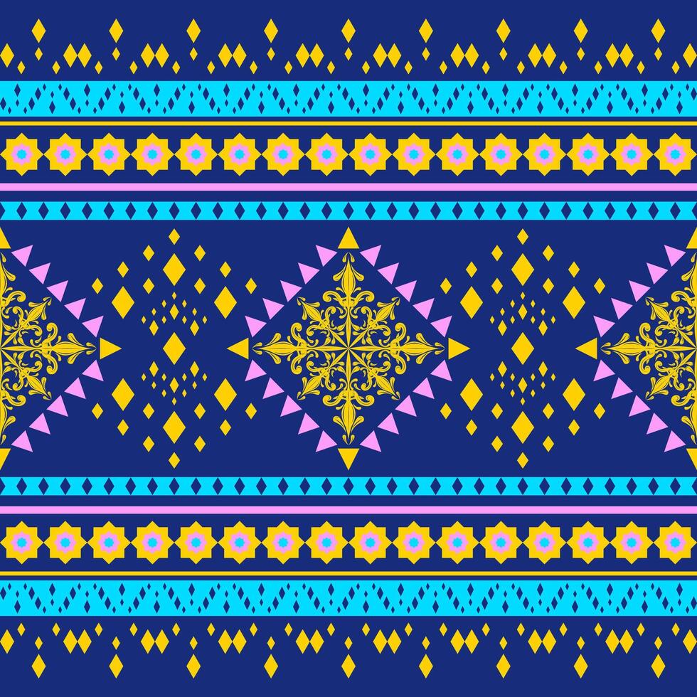 Ethnic Traditional Geometric Tribal and Medieval Design Elegance Oriental Western Pattern on Deep Royal Blue Background. Delicate Shape Scroll Ornament In Yellow Cyan Pink for Handicraft Homespun Silk vector