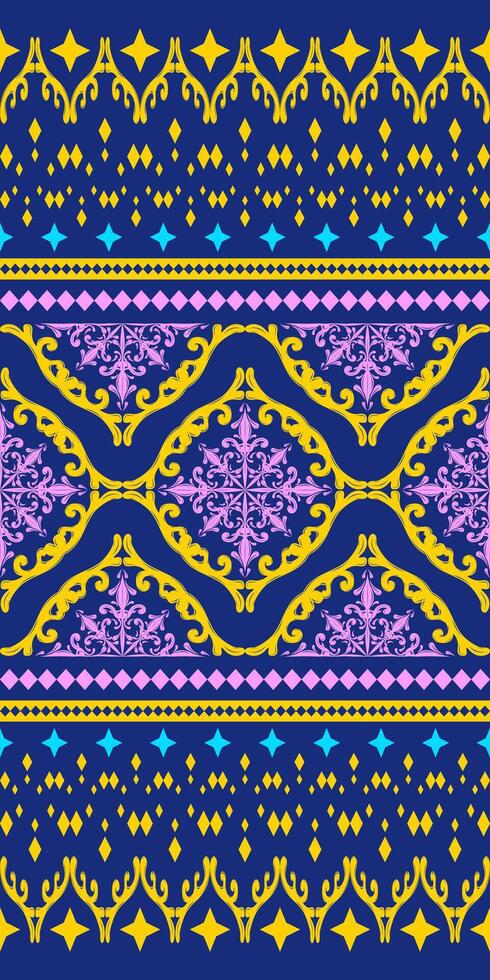 Royal Fancy Luxury Elaborate Arabian Night Colorful with Neon Pink Yellow Cyan on Deep Blue Background. Exquisitely Pattern for Handicraft Costume Apparel Batik Silk Weaves Intricate Textiles Apparel vector