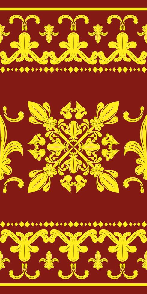 Glamorous Regency Florals with Royal Gold Silk Weaves Embroidery Scroll Ornament on Red Background. Luxury Pattern for all kind of decor wealth and glory fleur de lis inspired as apparel textile batik vector