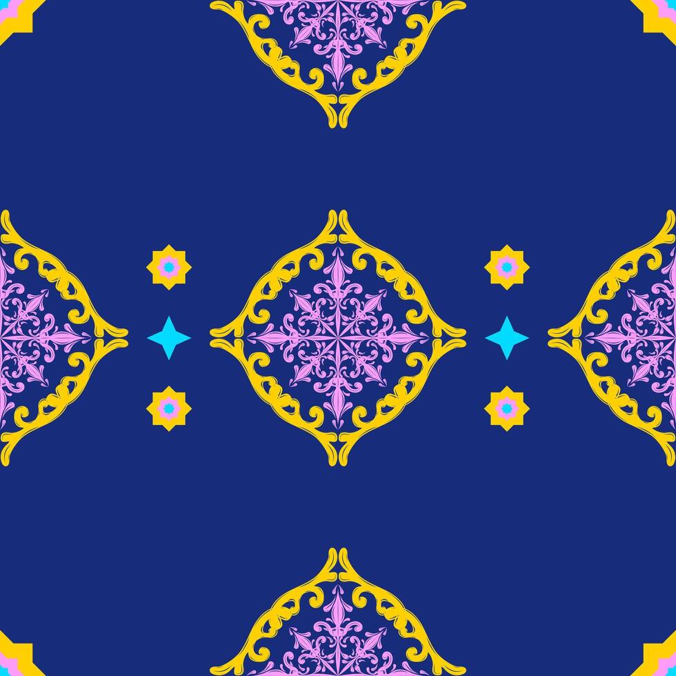 Beautiful Mandala Damask Florals Sign Seamless Repeat Pattern with Colorful Ornament Pink Cyan Yellow on Dark Blue Background. Ethnic Tribal Maya Greek Geometric Baroque Design for Tiles Carpet Fabric vector