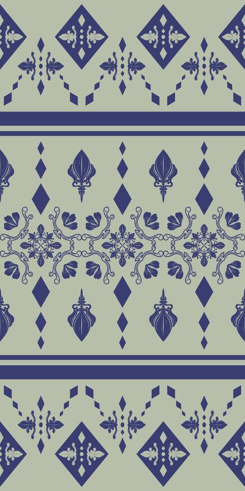 Geometric and Medieval Combine Damask Victorian's Era Pattern. Elegance Grandiose with Navy Blue Scroll Ornament Arranged in Tribal Style for Modern Twist Decoration as Silk Wallpaper Dress Manly Lace vector